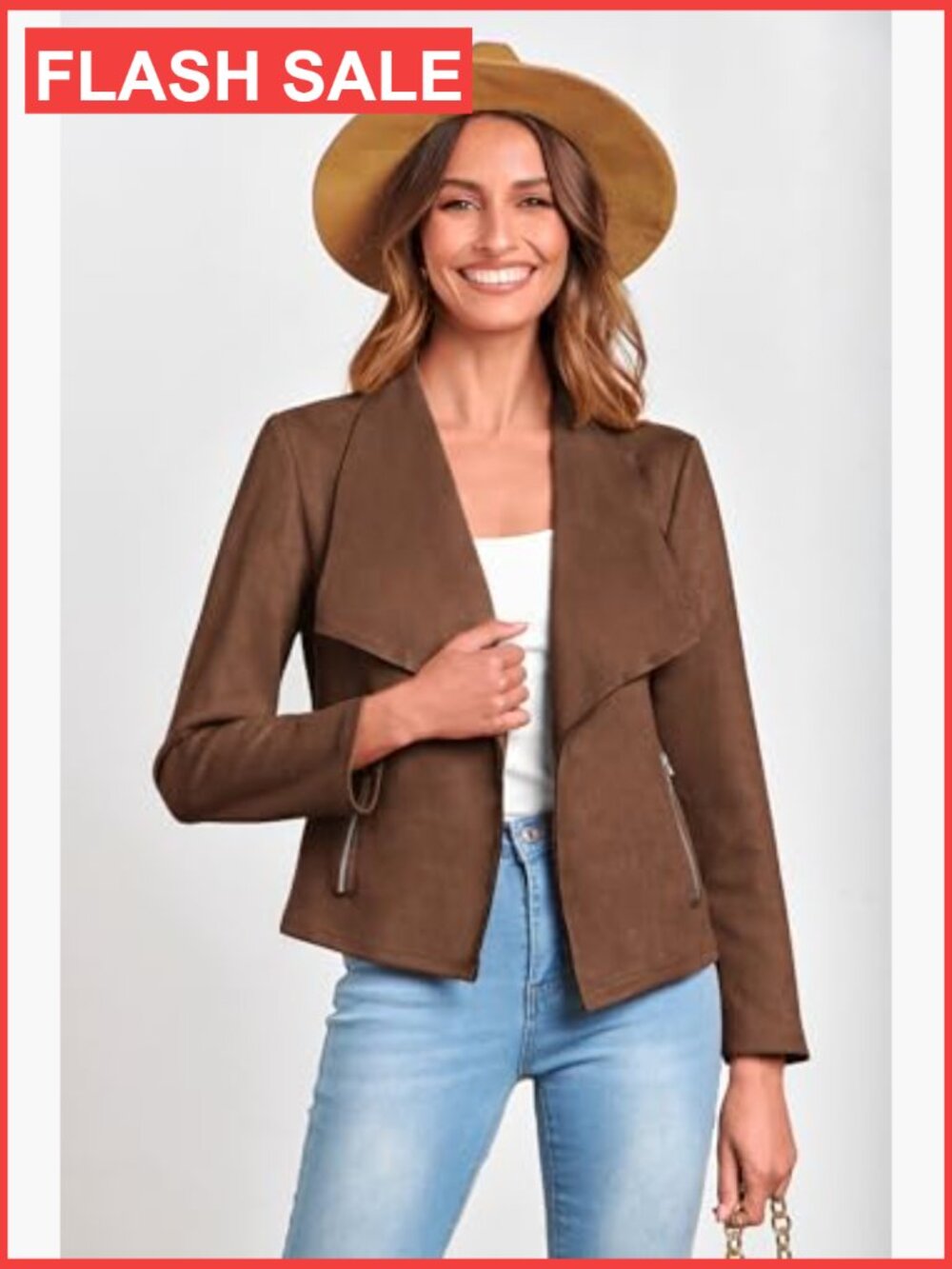 Faux Suede Cropped Jacket Waterfall Collar Long Sleeve Open Front Casual Outwear - Picture 4 of 7